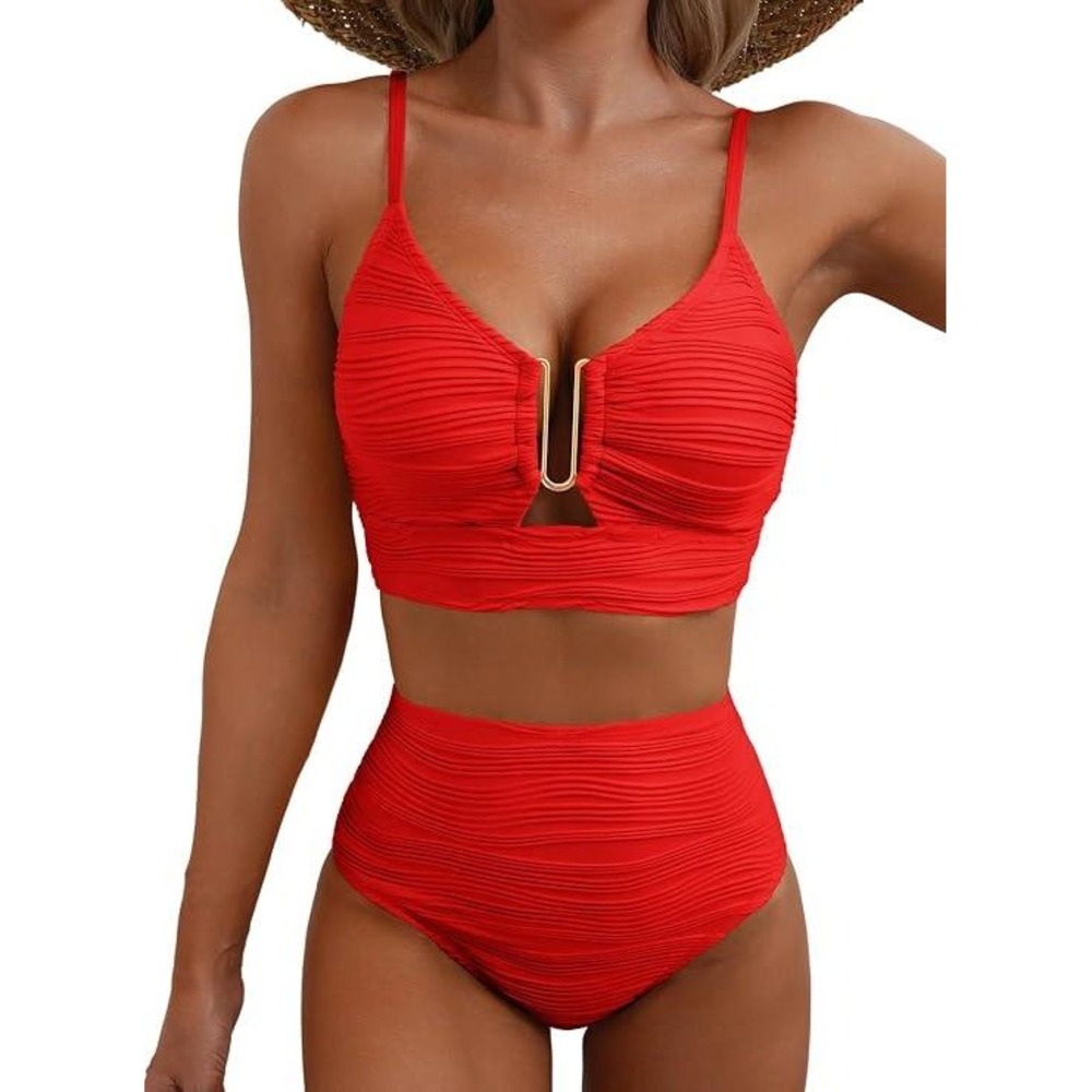 Red Textured High Waisted U Wired Two-Piece Bikini Set Size M